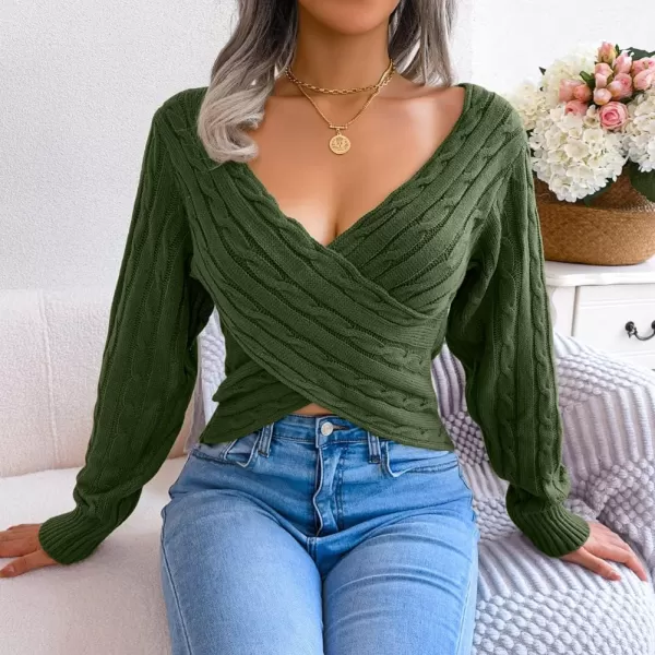 CHARTOU Women's Sexy Wrap V Neck Cross Front Cable Knit Crop Pullover Sweater