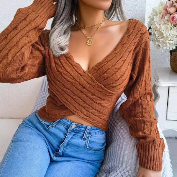 CHARTOU Women's Sexy Wrap V Neck Cross Front Cable Knit Crop Pullover Sweater