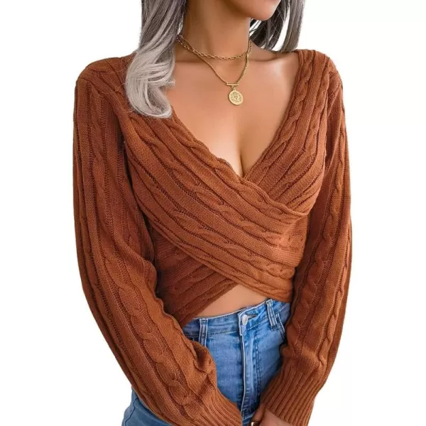 CHARTOU Women's Sexy Wrap V Neck Cross Front Cable Knit Crop Pullover Sweater