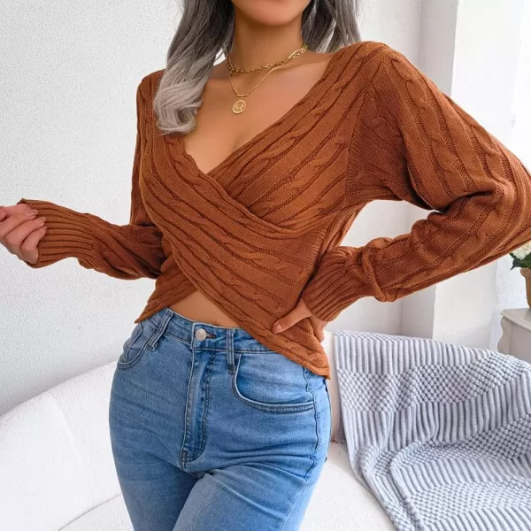 CHARTOU Women's Sexy Wrap V Neck Cross Front Cable Knit Crop Pullover Sweater