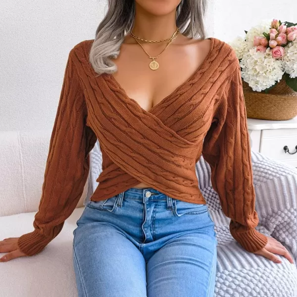 CHARTOU Women's Sexy Wrap V Neck Cross Front Cable Knit Crop Pullover Sweater