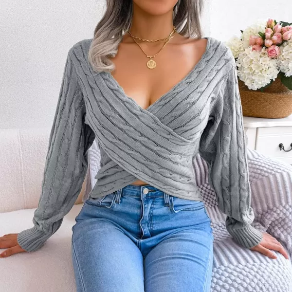 CHARTOU Women's Sexy Wrap V Neck Cross Front Cable Knit Crop Pullover Sweater