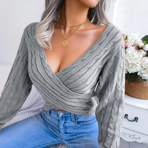CHARTOU Women's Sexy Wrap V Neck Cross Front Cable Knit Crop Pullover Sweater