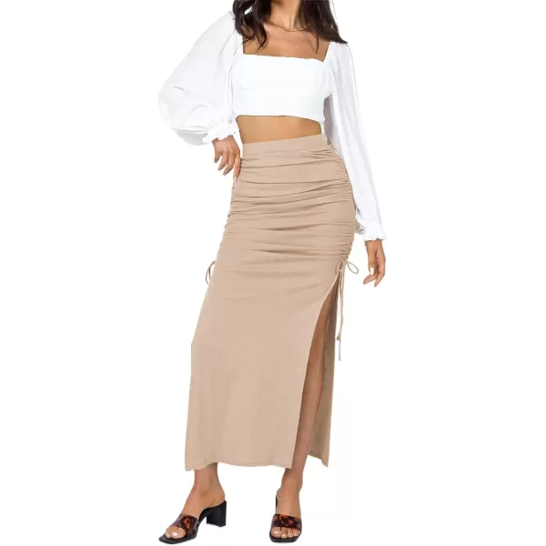 CHARTOU Women's Skinny Stretch High Rise Ruched Ribbed Side Slit Office Bodycon Midi Pencil Skirt