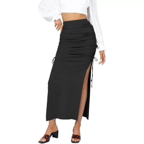 CHARTOU Women's Skinny Stretch High Rise Ruched Ribbed Side Slit Office Bodycon Midi Pencil Skirt