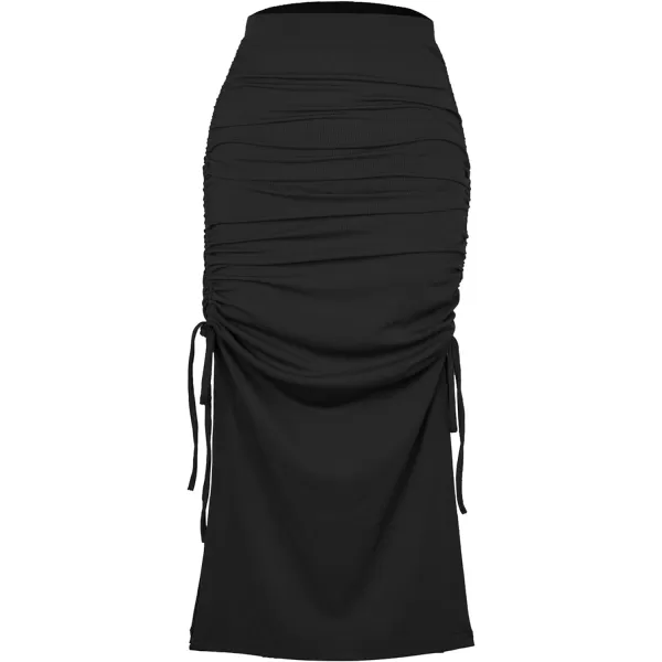 CHARTOU Women's Skinny Stretch High Rise Ruched Ribbed Side Slit Office Bodycon Midi Pencil Skirt