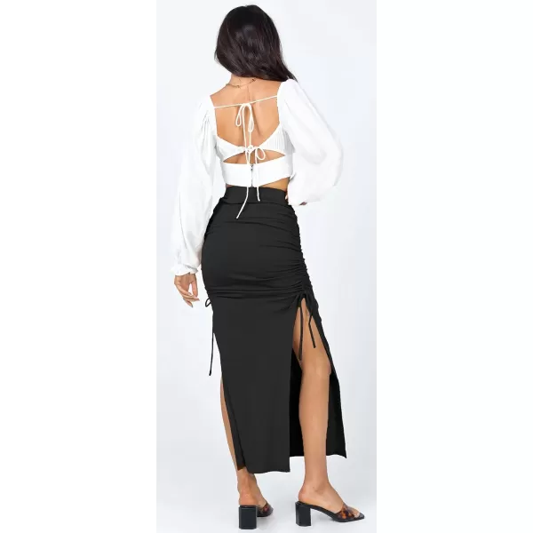 CHARTOU Women's Skinny Stretch High Rise Ruched Ribbed Side Slit Office Bodycon Midi Pencil Skirt