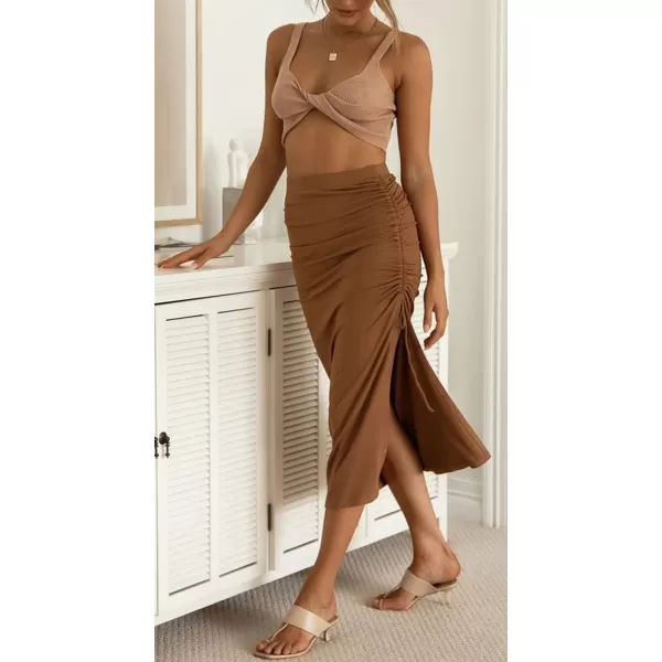 CHARTOU Women's Skinny Stretch High Rise Ruched Ribbed Side Slit Office Bodycon Midi Pencil Skirt