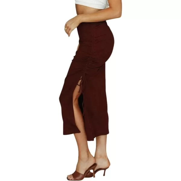 CHARTOU Women's Skinny Stretch High Rise Ruched Ribbed Side Slit Office Bodycon Midi Pencil Skirt