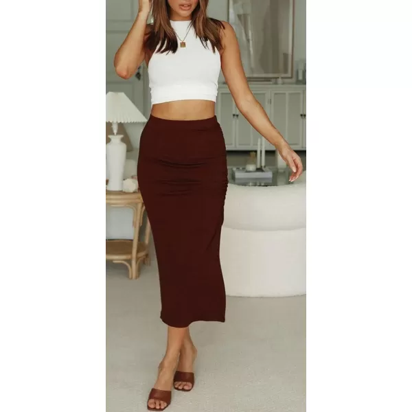 CHARTOU Women's Skinny Stretch High Rise Ruched Ribbed Side Slit Office Bodycon Midi Pencil Skirt