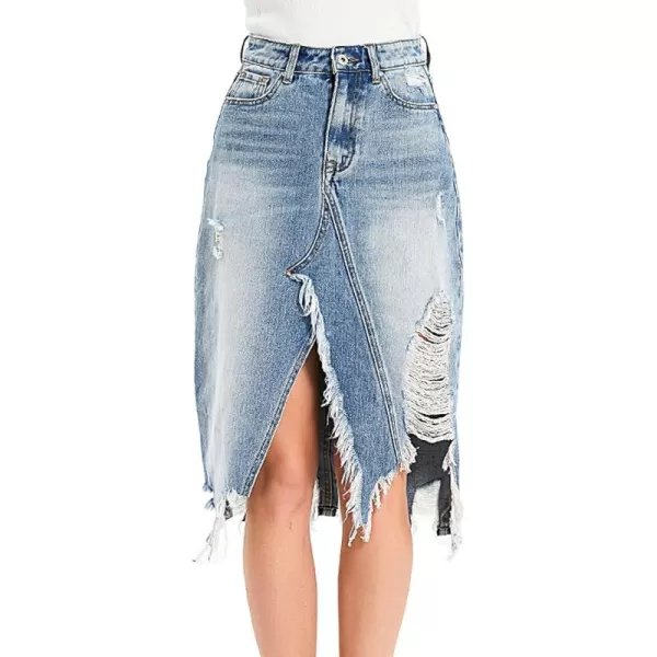 CHARTOU Women's Slim Fit Vintage Hipster Frayed Tassel Distressed Midi Denim Skirt )