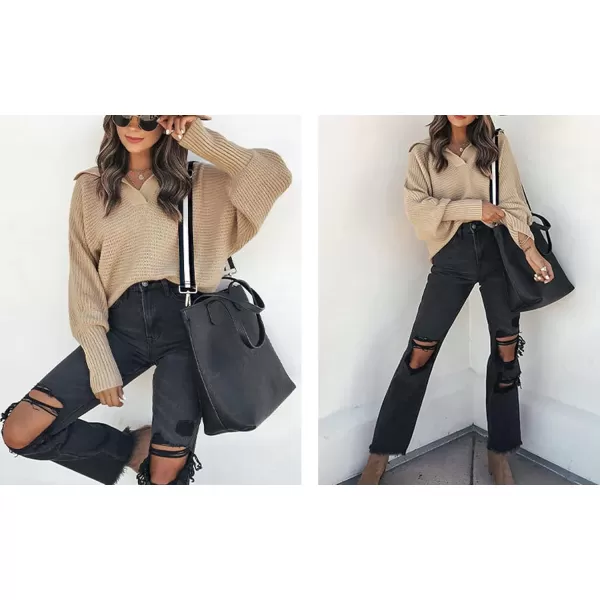 CHARTOU Women's Slouchy Oversized Lapel Collar Batwing Sleeve Sweatshirt Rib-Knit Pullover Sweater