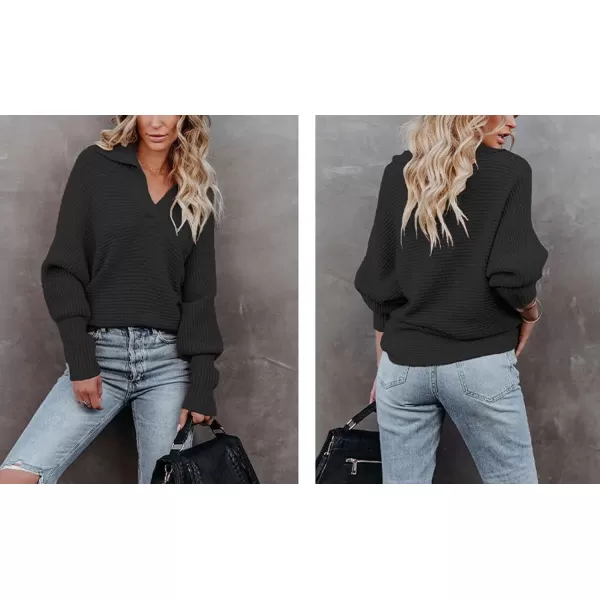 CHARTOU Women's Slouchy Oversized Lapel Collar Batwing Sleeve Sweatshirt Rib-Knit Pullover Sweater