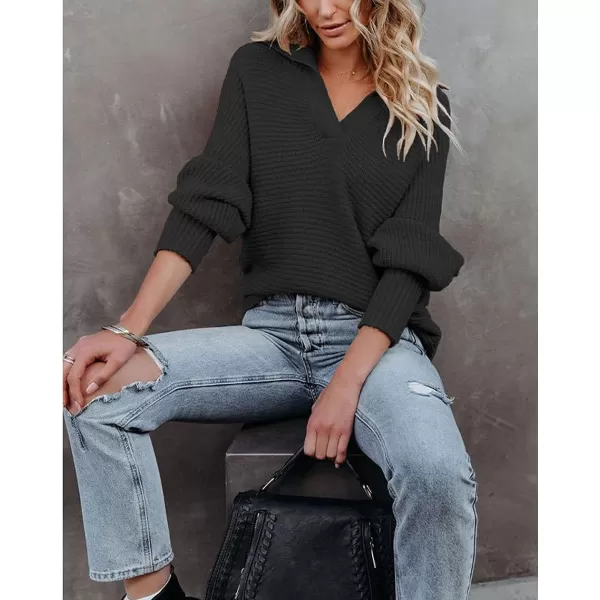 CHARTOU Women's Slouchy Oversized Lapel Collar Batwing Sleeve Sweatshirt Rib-Knit Pullover Sweater