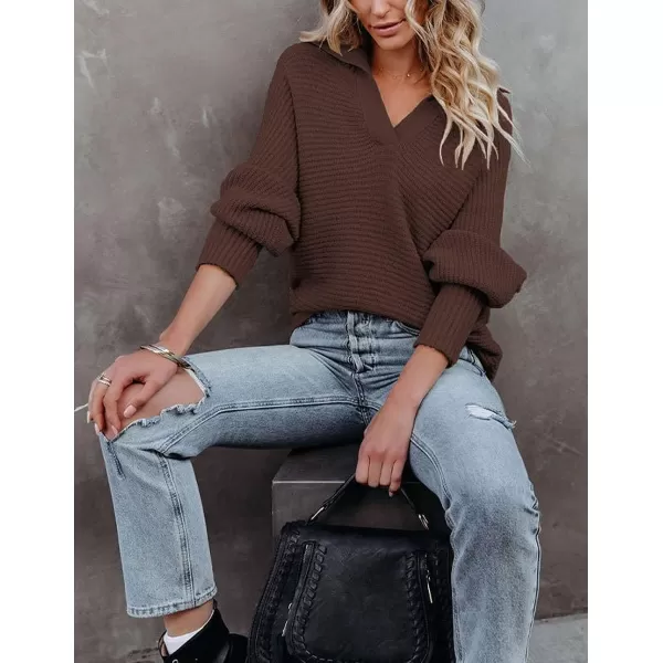 CHARTOU Women's Slouchy Oversized Lapel Collar Batwing Sleeve Sweatshirt Rib-Knit Pullover Sweater