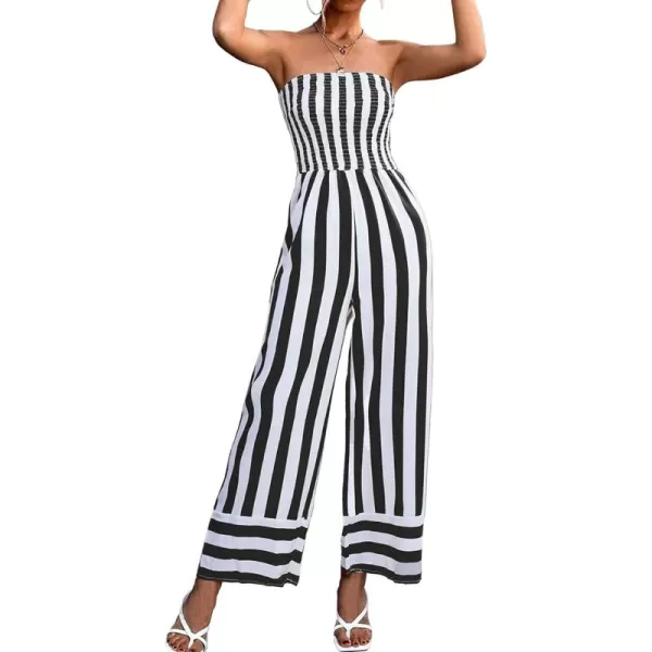 CHARTOU Women's Stripes Smock Tube Top Straight Wide Leg Jumpsuit Overall Romper