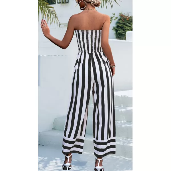CHARTOU Women's Stripes Smock Tube Top Straight Wide Leg Jumpsuit Overall Romper