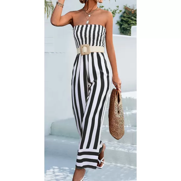 CHARTOU Women's Stripes Smock Tube Top Straight Wide Leg Jumpsuit Overall Romper