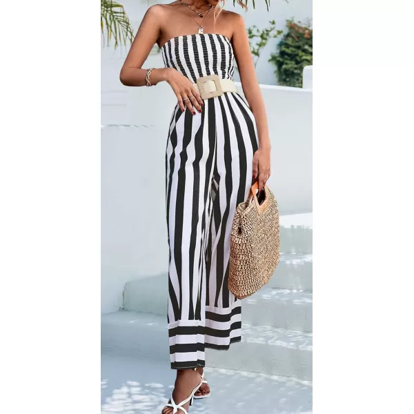 CHARTOU Women's Stripes Smock Tube Top Straight Wide Leg Jumpsuit Overall Romper