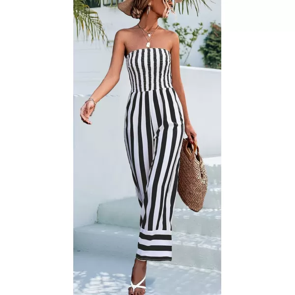 CHARTOU Women's Stripes Smock Tube Top Straight Wide Leg Jumpsuit Overall Romper