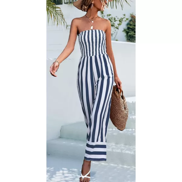 CHARTOU Women's Stripes Smock Tube Top Straight Wide Leg Jumpsuit Overall Romper