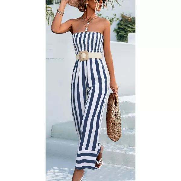 CHARTOU Women's Stripes Smock Tube Top Straight Wide Leg Jumpsuit Overall Romper