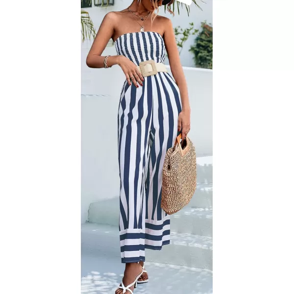 CHARTOU Women's Stripes Smock Tube Top Straight Wide Leg Jumpsuit Overall Romper