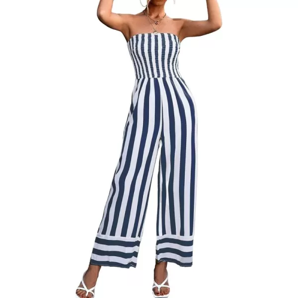 CHARTOU Women's Stripes Smock Tube Top Straight Wide Leg Jumpsuit Overall Romper
