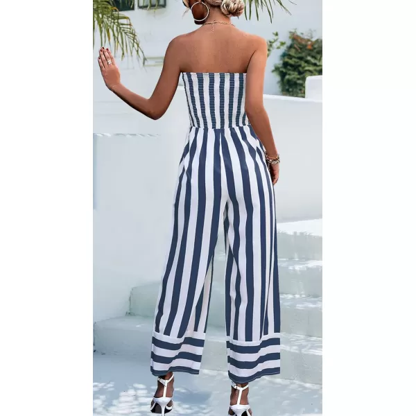 CHARTOU Women's Stripes Smock Tube Top Straight Wide Leg Jumpsuit Overall Romper
