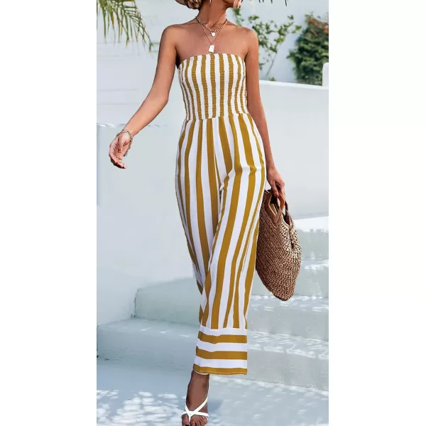 CHARTOU Women's Stripes Smock Tube Top Straight Wide Leg Jumpsuit Overall Romper