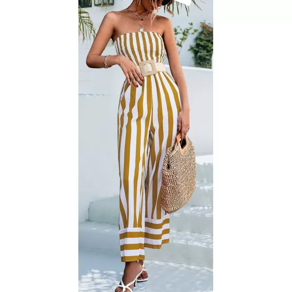 CHARTOU Women's Stripes Smock Tube Top Straight Wide Leg Jumpsuit Overall Romper