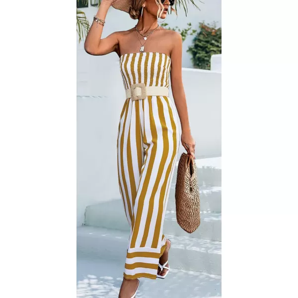 CHARTOU Women's Stripes Smock Tube Top Straight Wide Leg Jumpsuit Overall Romper