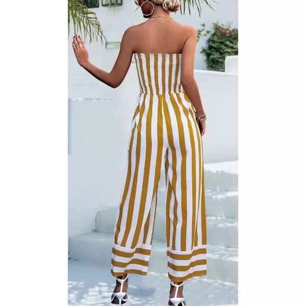 CHARTOU Women's Stripes Smock Tube Top Straight Wide Leg Jumpsuit Overall Romper