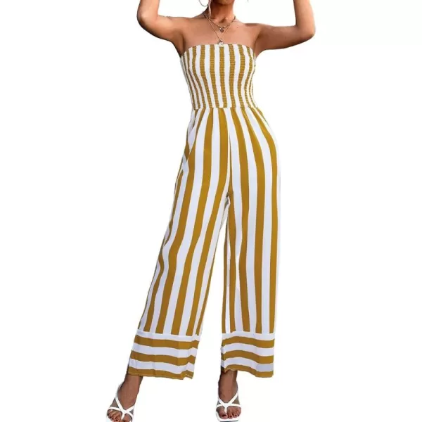 CHARTOU Women's Stripes Smock Tube Top Straight Wide Leg Jumpsuit Overall Romper