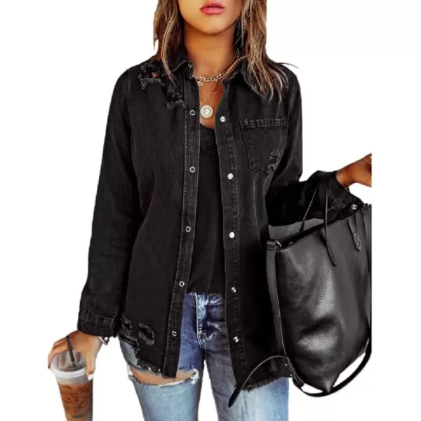CHARTOU Women's Stylish Spread Collar Distressed Frayed Denim Shirt Tops