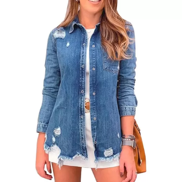 CHARTOU Women's Stylish Spread Collar Distressed Frayed Denim Shirt Tops