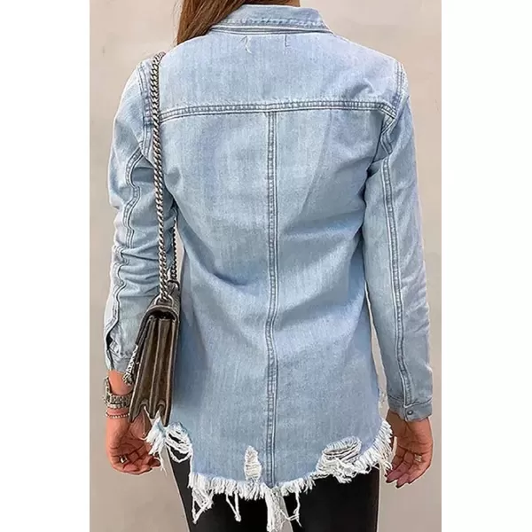 CHARTOU Women's Stylish Spread Collar Distressed Frayed Denim Shirt Tops
