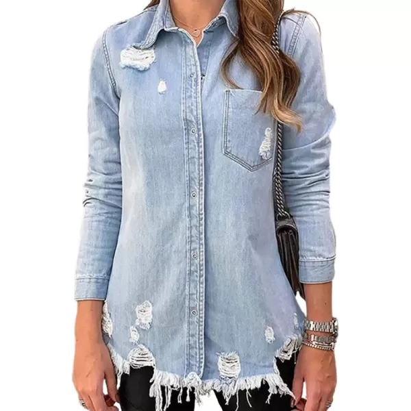 CHARTOU Women's Stylish Spread Collar Distressed Frayed Denim Shirt Tops