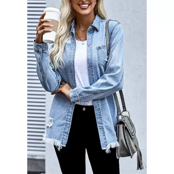 CHARTOU Women's Stylish Spread Collar Distressed Frayed Denim Shirt Tops
