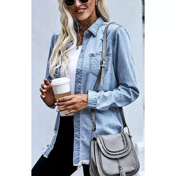 CHARTOU Women's Stylish Spread Collar Distressed Frayed Denim Shirt Tops