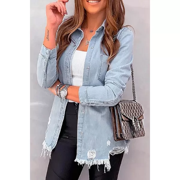 CHARTOU Women's Stylish Spread Collar Distressed Frayed Denim Shirt Tops