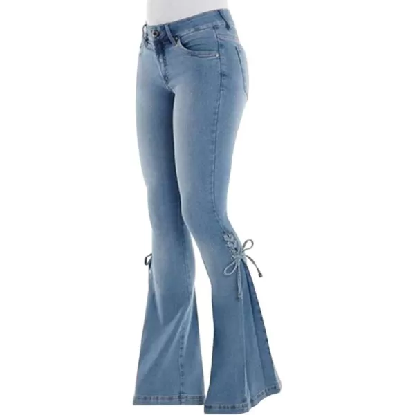 CHARTOU Women's Stylish Stretchy Bandage Drawstring Bell Legs Distressed Jean Denim Pant )
