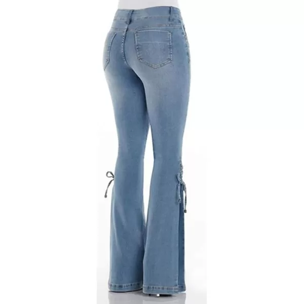 CHARTOU Women's Stylish Stretchy Bandage Drawstring Bell Legs Distressed Jean Denim Pant )