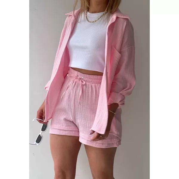 CHARTOU Women's Summer 2 Piece Outfit Sets Oversized Blouse Drawstring Shorts Sweatsuit