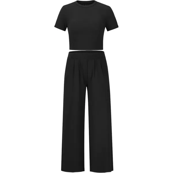 CHARTOU Women's Summer Casual 2 Piece Set Outfits Crop Top T Shirt Wide Leg Beach Pants Palazzo