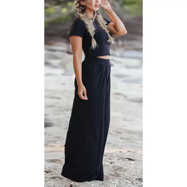 CHARTOU Women's Summer Casual 2 Piece Set Outfits Crop Top T Shirt Wide Leg Beach Pants Palazzo