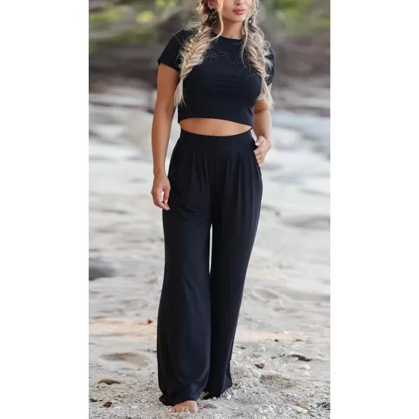 CHARTOU Women's Summer Casual 2 Piece Set Outfits Crop Top T Shirt Wide Leg Beach Pants Palazzo