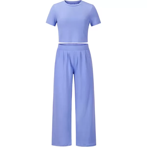 CHARTOU Women's Summer Casual 2 Piece Set Outfits Crop Top T Shirt Wide Leg Beach Pants Palazzo