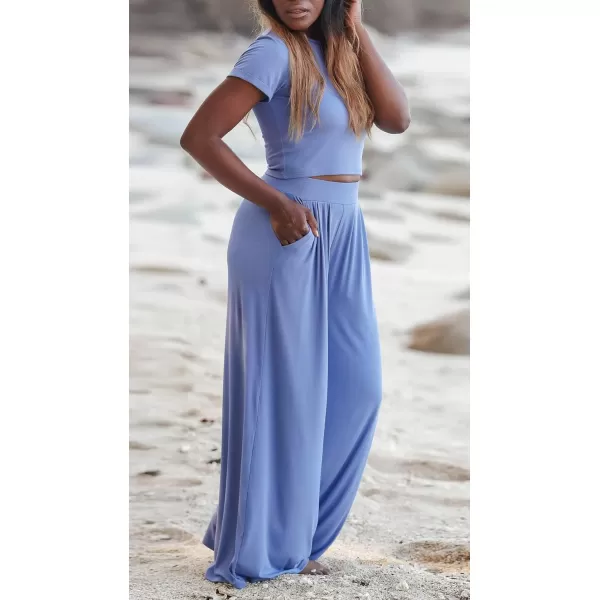 CHARTOU Women's Summer Casual 2 Piece Set Outfits Crop Top T Shirt Wide Leg Beach Pants Palazzo