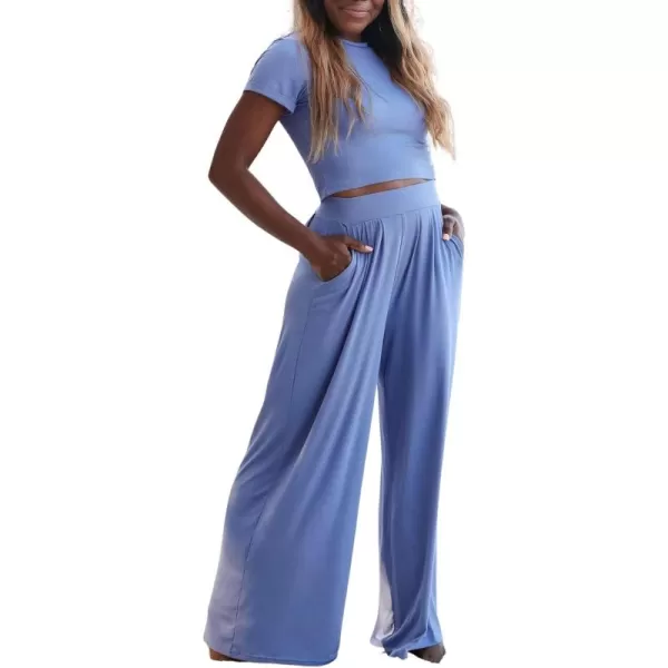 CHARTOU Women's Summer Casual 2 Piece Set Outfits Crop Top T Shirt Wide Leg Beach Pants Palazzo